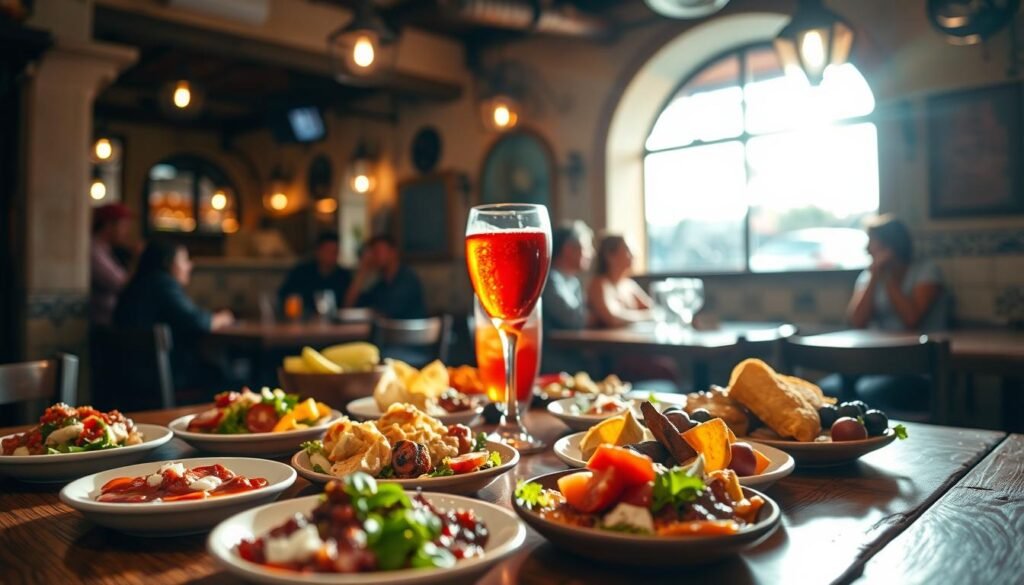 A beautifully lit tapas spread on a rustic wooden table, with an array of delectable small plates arranged in the foreground. In the middle ground, a chilled glass of sangria casts a warm, inviting glow. The background features the lively atmosphere of a traditional Spanish tavern, with tiled walls, pendant lighting, and the faint sounds of laughter and conversation. The scene evokes the vibrant, social nature of Barcelona's late-night tapas culture, capturing the essence of this quintessential Spanish dining experience.