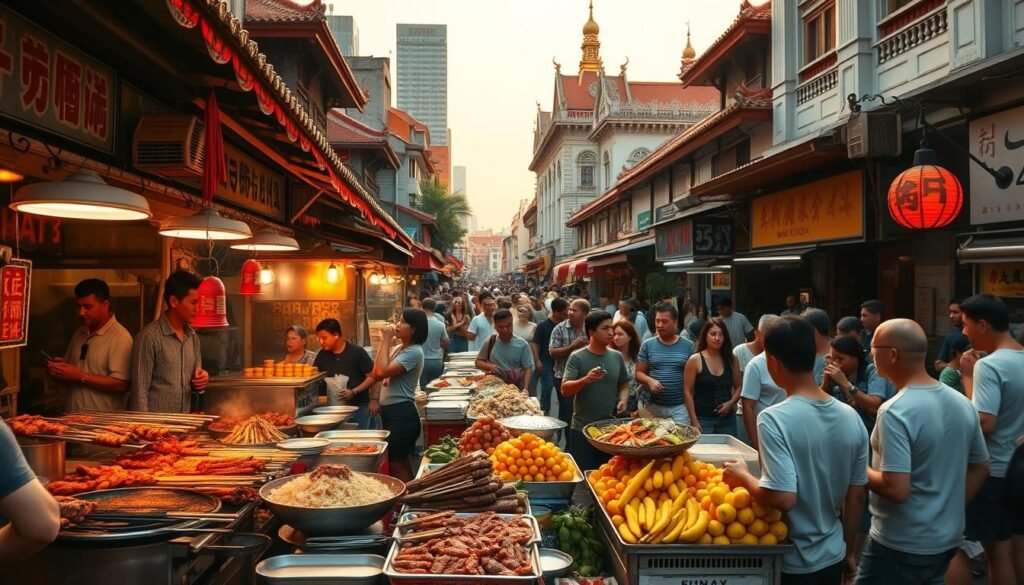 A bustling Bangkok street scene, bathed in warm evening light. In the foreground, an array of vibrant street food stalls, their sizzling woks and steaming dishes inviting passersby. Skewers of grilled meats, heaping plates of pad thai, and towers of colorful tropical fruits tantalizing the senses. The middle ground features a throng of locals and tourists, weaving between the stalls and eagerly sampling the mouthwatering fare. In the background, the iconic buildings of Chinatown rise up, their ornate architecture and neon signs adding to the lively atmosphere. A wide-angle lens captures the energy and dynamism of this quintessential Bangkok experience, the perfect visual accompaniment to an article on exploring the city's diverse culinary delights.