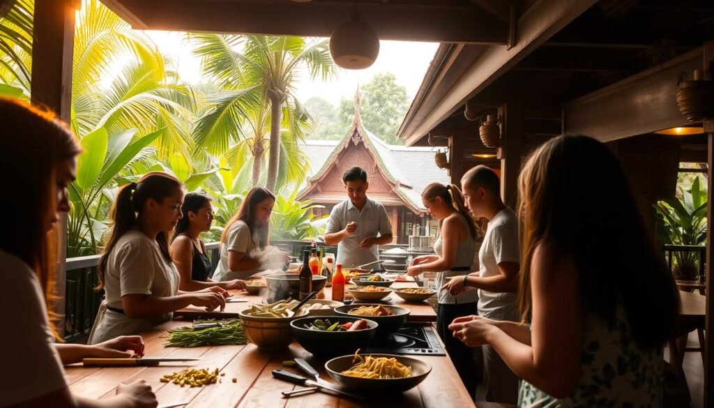 A bustling Chiang Mai cooking class set against the backdrop of lush tropical foliage. In the foreground, a group of students gathered around a wooden table, chopping fragrant lemongrass, ginger, and chili peppers. Warm, diffused lighting filters through the open-air kitchen, casting a cozy glow on the scene. In the middle ground, a skilled instructor demonstrates the proper technique for preparing authentic Thai curries and noodle dishes. The background features the distinctive peaked roofs and intricate carvings of a traditional northern Thai architecture, hinting at the rich cultural heritage of the region. An atmosphere of eager learning, sizzling aromas, and immersive cultural experience permeates the intimate setting.