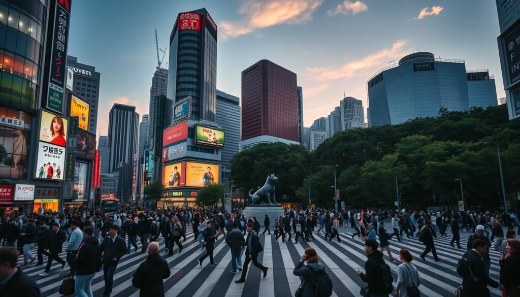 A bustling Shibuya Crossing at dusk, the iconic intersection aglow with neon lights and towering skyscrapers. In the foreground, a sea of pedestrians crossing the zebra-striped lanes, their silhouettes capturing the frenetic energy of this vibrant Tokyo hub. The middle ground features the iconic Hachiko statue, a beloved meeting point, framed by the sleek, modern buildings of Shibuya's commercial district. In the background, the lush greenery of Yoyogi Park provides a serene contrast, the setting sun casting a warm, golden light over the entire scene. The overall atmosphere conveys the dynamic juxtaposition of tradition and modernity that defines the Shibuya experience.
