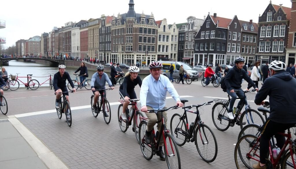 A bustling city street in Amsterdam, with cyclists navigating the cobblestones amidst pedestrians and canals. In the foreground, a group of cyclists demonstrate proper etiquette - signaling turns, maintaining safe distances, and yielding to pedestrians. In the middle ground, an older cyclist patiently waits for a gap in traffic to cross the bike lane. In the background, iconic Dutch architecture lines the canal, under an overcast sky with soft, natural lighting. The scene conveys a sense of order, community, and respect among all road users, reflecting the unwritten rules of biking and canal etiquette in this vibrant city.