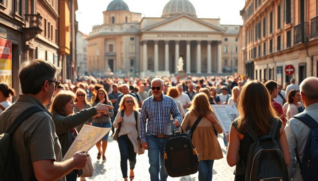 A bustling city street in Rome, with ancient landmarks in the background. In the foreground, a group of tourists are attentively listening to a local guide, who is gesturing towards a map and pointing out areas to avoid. The scene is bathed in warm, golden sunlight, creating a sense of security and trust. In the middle ground, passersby move cautiously, keeping a watchful eye on their belongings. The overall atmosphere conveys a balance between the allure of the city and the need for vigilance, capturing the essence of the "Staying Aware: Safety Tips and Common Scams to Avoid" section.