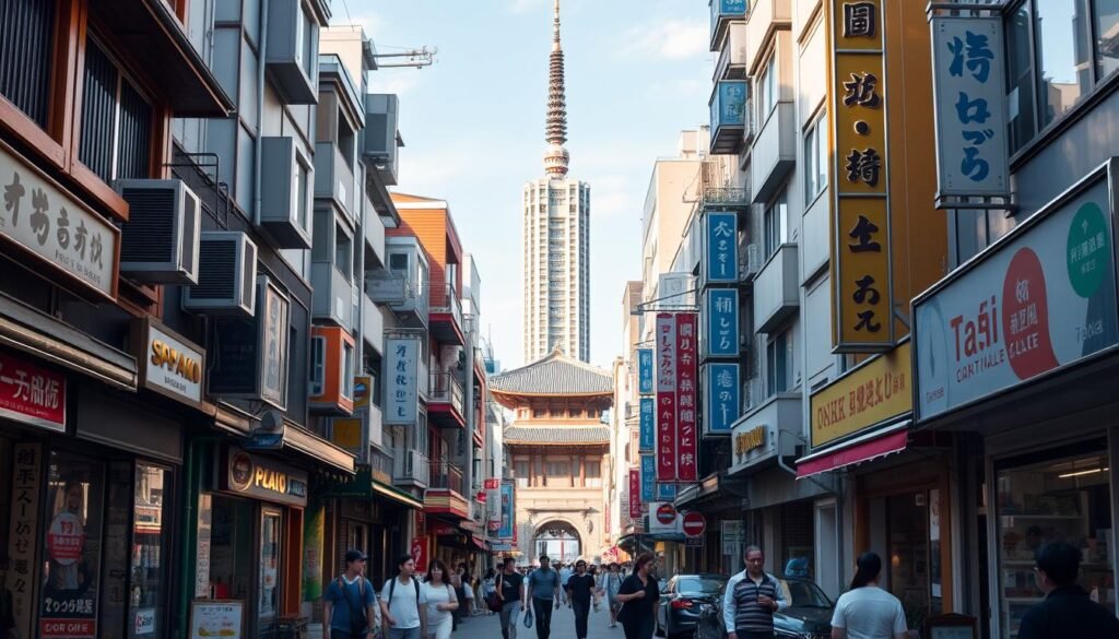 A bustling daytime scene in Osaka's lively day district. In the foreground, quaint shops and retro-styled storefronts line the narrow streets, their colorful facades bathed in warm, natural light. Pedestrians stroll leisurely, taking in the vibrant atmosphere. In the middle ground, a towering modern high-rise stands as a testament to the city's evolution, contrasting with the vintage charm of the surrounding buildings. In the background, the silhouette of a traditional temple rooftop peeks out, a serene reminder of Osaka's deep cultural heritage. The overall mood is one of energy, nostalgia, and a harmonious blend of old and new.