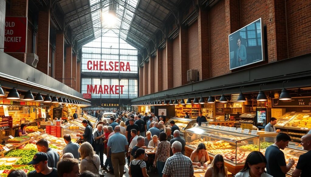 A bustling food hall in Chelsea Market, New York City. Vibrant stalls showcasing a diverse array of gourmet ingredients, artisanal baked goods, and international cuisine. Sunlight filters through the industrial-chic glass atrium, casting a warm glow on the bustling crowd. In the foreground, patrons browse enticing displays of fresh produce, cheeses, and charcuterie. In the middle ground, people dine at communal tables, savoring the flavors of the city. The background features the iconic architecture of the former warehouse, its exposed brick and steel beams adding a sense of history and character. The atmosphere is lively, with the hum of conversation and the aroma of freshly prepared dishes wafting through the air.