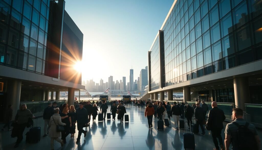 A bustling international airport, Chicago's O'Hare, captured in a dynamic wide-angle shot. The imposing terminal buildings stand tall, their sleek glass facades reflecting the vibrant city skyline in the distance. Travelers hurry through the concourses, their suitcases trailing behind them as they navigate the busy corridors. Sunlight streams in through the large windows, casting a warm glow over the scene. The air is filled with the hum of activity, a symphony of announcements and the rumble of arriving and departing flights. This is the heart of Chicago's air travel, a gateway to the world, ready to whisk you away on your next adventure.