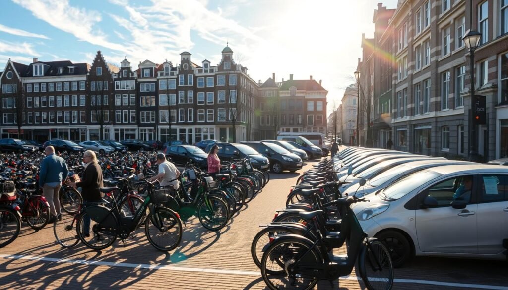 A bustling parking lot in the heart of Amsterdam, with rows of bicycles and electric scooters neatly arranged under the warm glow of mid-morning sunlight filtering through wispy clouds. In the foreground, a few people can be seen locking up their cycles, ready to explore the charming streets and iconic canals beyond. The middle ground features several compact, eco-friendly cars parked in orderly fashion, complementing the sustainable transportation theme. In the background, the distinctive architecture of historic buildings frames the scene, hinting at the vibrant culture and history that awaits visitors to this remarkable city.