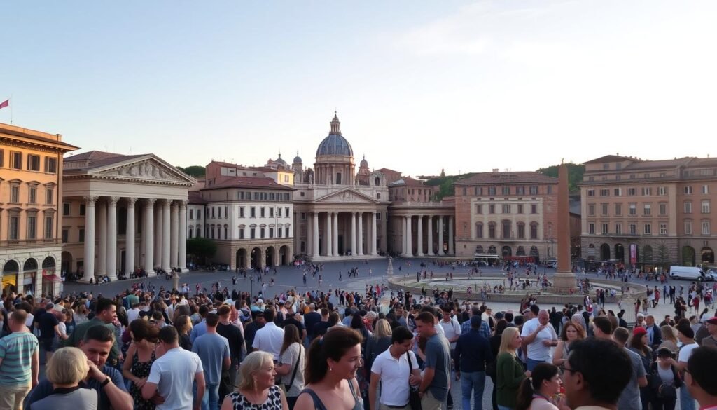 A bustling piazza in Rome, bathed in the warm glow of the setting sun. In the foreground, a group of locals and tourists mingle, enjoying the lively atmosphere. The middle ground showcases the iconic architecture of the city, with ancient buildings and landmarks standing proud. In the background, a clear sky fades into the horizon, hinting at the tranquil evenings that follow the vibrant days. The scene captures the perfect balance of historic charm and modern energy, inviting the viewer to imagine the best time to visit this captivating city.