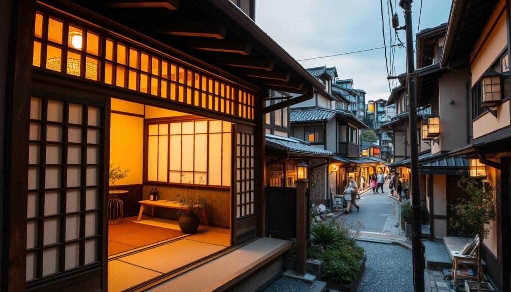 A cozy machiya townhouse nestled in the heart of Kyoto, its traditional wooden facade and graceful latticed windows bathed in warm, golden light. The interior reveals a serene, minimalist elegance, with tatami mats, shoji screens, and a tranquil courtyard garden. Beyond the machiya, the bustling streets of Kyoto's historic district come into view, a harmonious blend of ancient and modern architecture. The scene evokes a sense of timeless hospitality and cultural immersion, setting the stage for an authentic Japanese experience.