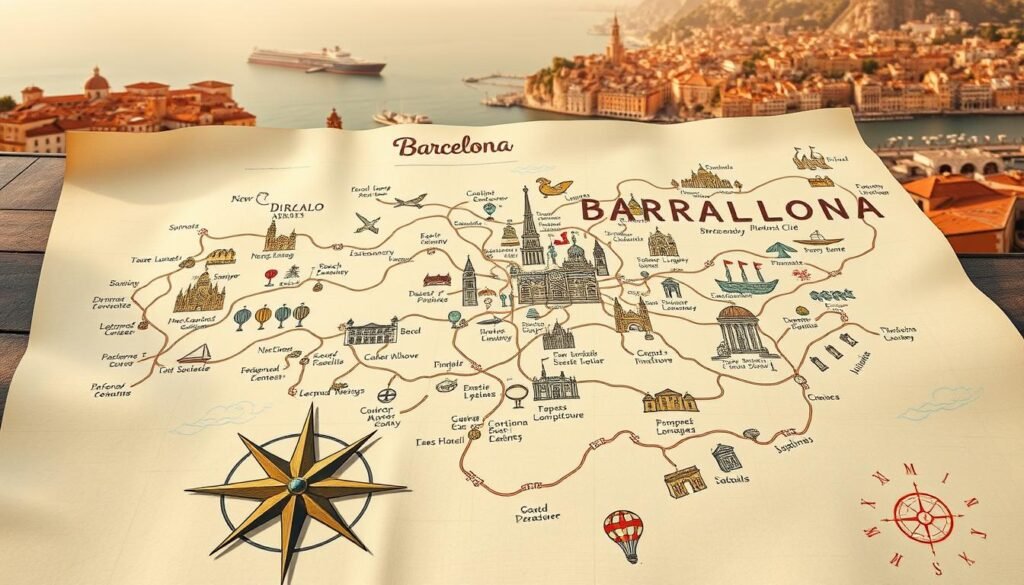 A detailed, hand-drawn map of a one-week Barcelona itinerary, laid out on a vintage parchment-style paper. The map showcases the city's iconic landmarks and neighborhoods, connected by winding streets and colorful illustrations. In the foreground, a compass rose guides the viewer, while the middle ground features small icons representing activities like beach lounging, tapas hopping, and Gaudí architecture exploration. The background is adorned with sweeping panoramic views of the Mediterranean coastline and the distinct rooftops of the Catalan capital, bathed in warm, golden sunlight. The overall mood is one of anticipation and discovery, inviting the viewer to embark on an enchanting Barcelona adventure.