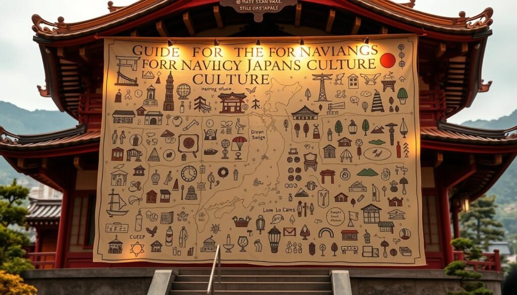 A detailed, hand-drawn style map of a "Guide for Navigating Japanese Culture", set against the backdrop of traditional Japanese architecture and landscapes. The map is composed of various icons and illustrations representing elements of Japanese culture - from iconic landmarks and traditional crafts to customs and cuisine. The map is illuminated by a warm, golden lighting, creating a rich, immersive atmosphere. The overall composition conveys a sense of exploration and discovery, inviting the viewer to embark on a cultural journey through Japan.