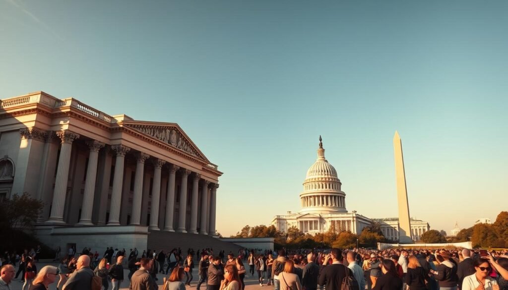 A grand neoclassical facade against a clear sky, with the iconic Washington Monument and U.S. Capitol building in the distance. In the foreground, a bustling crowd of tourists explores the grounds, capturing photos and taking in the historic ambiance. Warm afternoon sunlight bathes the scene, casting long shadows and highlighting the intricate architectural details. The image conveys a sense of awe and wonder, inviting the viewer to step into the heart of America's political center and experience the grandeur of Washington, D.C.