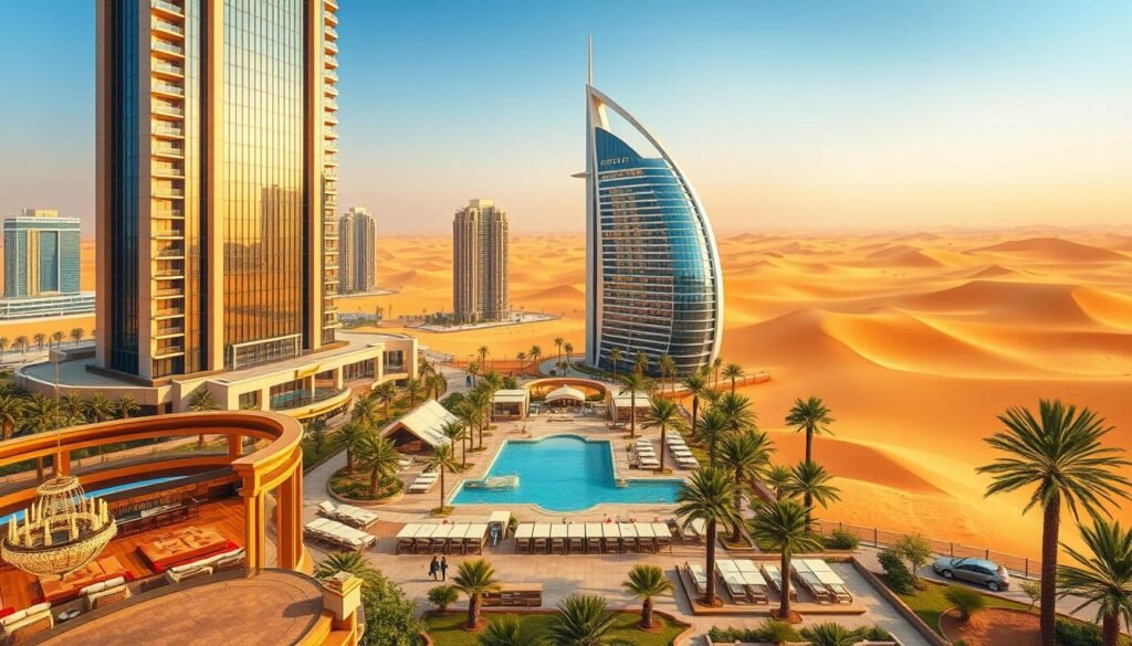 A grand, opulent hotel nestled in the heart of Dubai's iconic skyline. The towering structure stands tall, its gleaming glass facade reflecting the city's vibrant energy. In the foreground, a luxurious lobby with ornate chandeliers and plush seating invites guests to bask in the lap of comfort. The middle ground reveals a serene pool area, surrounded by lush palm trees and elegant cabanas, offering a tranquil oasis amidst the bustling metropolis. The background showcases the stunning desert landscape, with rolling dunes and a warm, golden hue that sets the scene for a truly enchanting experience. Capture the essence of Dubai's luxury and adventure in this stunning hotel illustration.