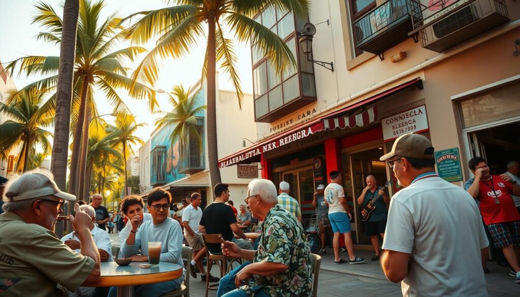 A lively, vibrant street scene in Little Havana, Miami. In the foreground, a group of locals gathered around a small cafe, sipping rich, aromatic cafecito and smoking hand-rolled cigars. The middle ground features a colorful mural adorning the side of a building, its vibrant hues reflecting the neighborhood's Cuban heritage. In the background, lively Cuban music spills out from a nearby bodega, adding to the energetic atmosphere. Warm, golden sunlight filters through the palm trees, casting a soft glow over the entire scene. The wide-angle lens captures the bustling, pedestrian-friendly street, conveying the sense of community and cultural immersion that defines this iconic Miami neighborhood.