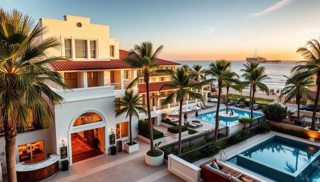 A luxurious hotel nestled along the iconic Santa Monica coastline, with a stunning facade of white stucco and terracotta tiles. The grand entrance is framed by palm trees swaying in the gentle breeze, inviting guests to step into the serene, coastal ambiance. The lobby is bathed in warm, natural light, featuring plush leather furnishings and a marble-topped concierge desk. From the rooftop pool, guests can gaze out at the sparkling Pacific Ocean and the iconic Santa Monica Pier in the distance, the perfect blend of urban and beach-side charm. The hotel's exterior is captured in a soft, golden hour lighting, highlighting the architectural details and creating a tranquil, resort-like atmosphere.