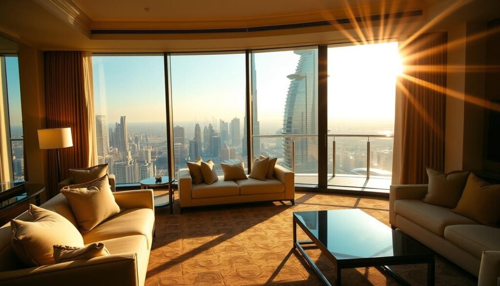 A luxurious suite overlooking the shimmering Dubai skyline, bathed in warm, golden light. The foreground features a spacious, elegantly furnished living area with plush sofas and a glass-topped coffee table. Sunlight streams through floor-to-ceiling windows, casting a soft, inviting glow. In the middle ground, a private balcony offers a breathtaking view of the iconic Burj Khalifa and the surrounding skyscrapers. The background showcases the vibrant, futuristic cityscape of Dubai, with its sleek, modern architecture and dazzling lights. An atmosphere of opulence, comfort, and sophistication pervades the scene, embodying the essence of a luxury stay in this dynamic, awe-inspiring city.