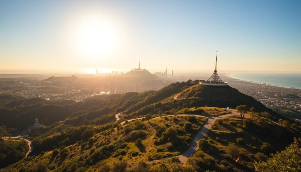 A majestic Hollywood sign atop the sun-kissed hills, casting a warm glow over the iconic Los Angeles skyline. In the foreground, lush greenery and winding paths lead visitors through the serene Griffith Observatory, offering breathtaking vistas of the city below. Mid-ground, the famous Hollywood studios and landmarks stand tall, their grand architecture and neon lights beckoning. In the distance, the glimmering Pacific Ocean and palm-lined beaches stretch out, evoking the vibrant energy of this cinematic metropolis. Soft, golden hour lighting illuminates the scene, creating a timeless, dreamlike atmosphere. Captured through a wide-angle lens, this image encapsulates the essence of Hollywood, a place where dreams and reality converge.