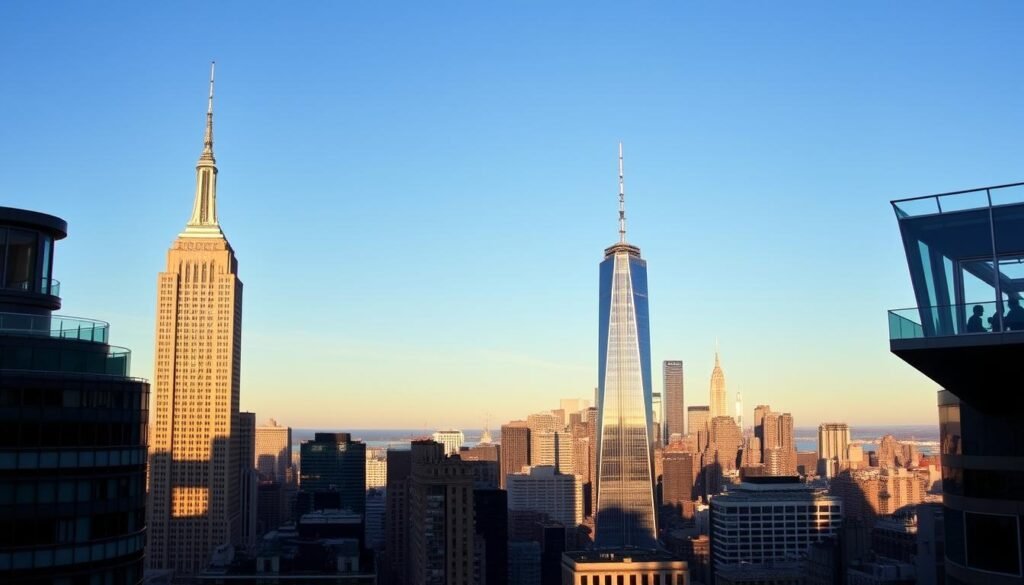 A majestic skyline of New York City, with towering observation decks standing proud against a clear, azure sky. In the foreground, the iconic Empire State Building dominates the scene, its Art Deco architecture bathed in warm, golden light. In the middle ground, the sleek, modern silhouette of One World Trade Center rises, its glass facade reflecting the city's vibrant energy. To the left, the graceful curves of the Top of the Rock deck offer a panoramic view of the bustling metropolis below. In the distance, the sharp, angular edges of The Edge observation platform cut through the skyline, providing a unique vantage point to witness the city's never-ending motion. The scene is captured with a wide-angle lens, creating a sense of grandeur and immersion, inviting the viewer to step into the heart of New York's iconic observation decks.