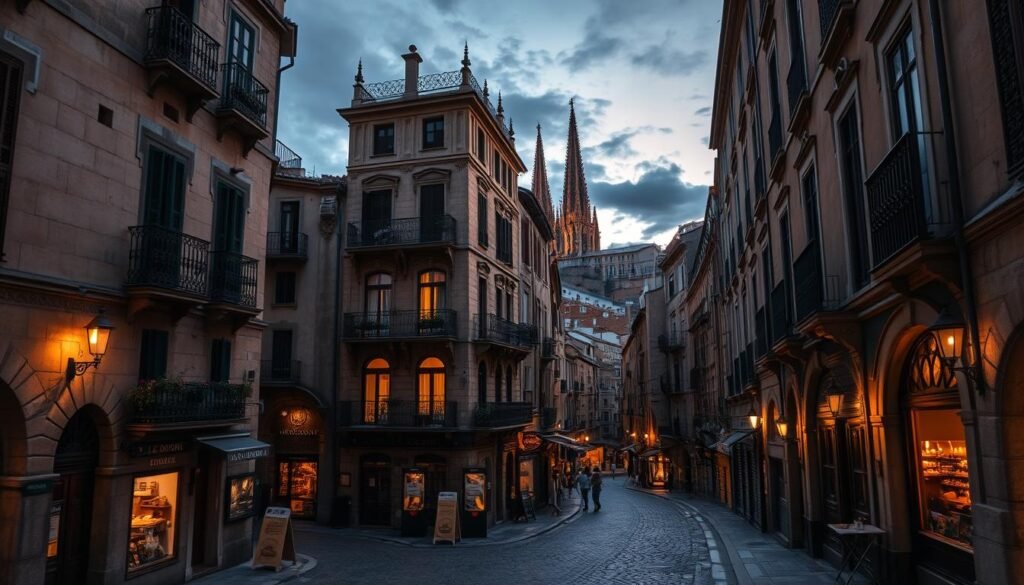 A medieval cobblestone street winds through the heart of Barcelona's Gothic Quarter, lined with ancient stone buildings, ornate wrought-iron balconies, and intricate gothic architecture. Overhead, a moody twilight sky casts long shadows, while warm candlelight flickers in the windows of cozy taverns and cafes. The air is thick with the scent of freshly baked bread and the sounds of lively conversation in Catalan. In the distance, the iconic spires of the Barcelona Cathedral pierce the skyline, a timeless testament to the rich history of this enchanting neighborhood.