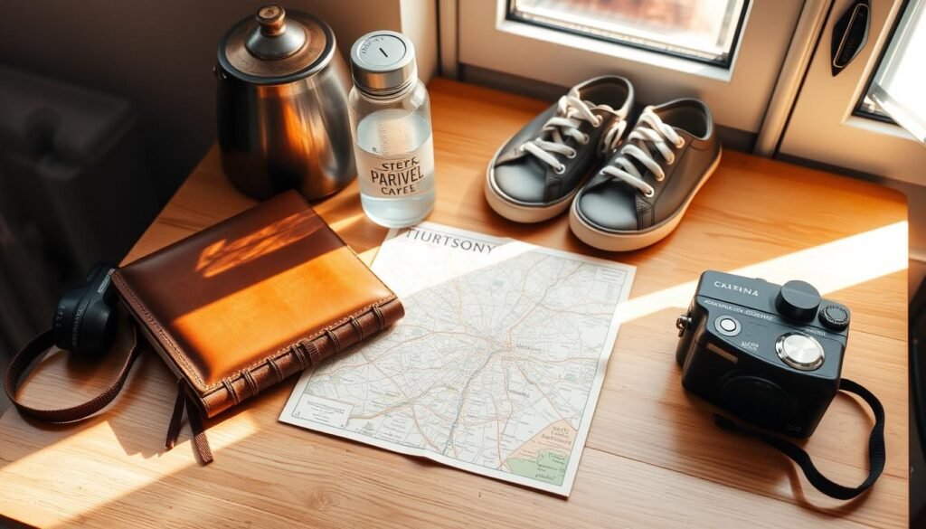 A neatly organized desk in a cozy London flat, showcasing the essential items for a week-long trip: a worn leather travel journal, a vintage map of the city, a pair of comfortable walking shoes, a reusable water bottle, and a compact camera. Warm, natural lighting filters through the window, casting a soft glow on the scene. The overall atmosphere exudes a sense of anticipation and readiness for an immersive exploration of the city's history, culture, and hidden gems.