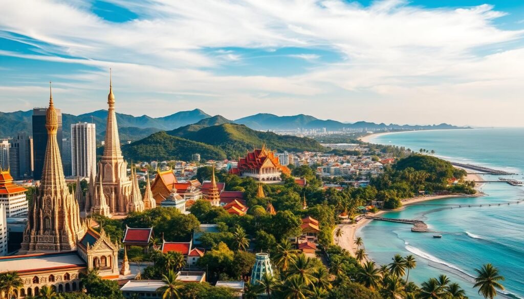 A panoramic landscape showcasing the diverse beauty of Thailand. In the foreground, the iconic temples and skyscrapers of Bangkok, with their ornate spires and gleaming facades. In the middle ground, the lush, rolling hills of Chiang Mai, dotted with ancient monasteries and bustling night markets. In the background, the turquoise waters and pristine beaches of the southern islands, fringed by swaying palm trees. The scene is bathed in warm, golden light, creating a serene and inviting atmosphere. A dramatic sky with wispy clouds adds depth and drama to the composition. The image captures the essence of Thailand's rich cultural heritage, natural wonders, and vibrant, dynamic spirit.