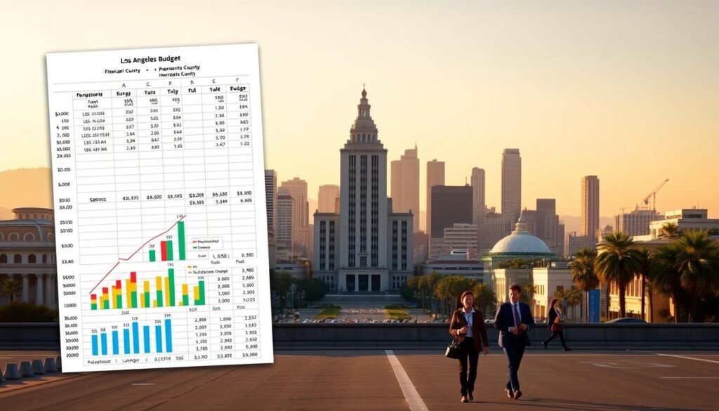 A panoramic view of downtown Los Angeles skyline, with the iconic City Hall building in the center. In the foreground, a detailed illustration of a budget spreadsheet, with charts, graphs, and financial data showcasing the budgeting process for Los Angeles County. The middle ground features people in business attire walking along the bustling streets, representing the economic activity and financial decisions made in the city. The background is bathed in warm, golden light, conveying a sense of prosperity and growth. The overall scene depicts the intricate balance between the city's finances, public services, and the people who drive the local economy.