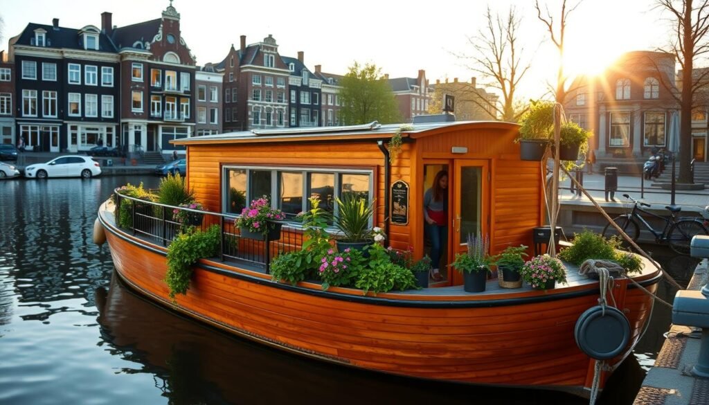 A picturesque houseboat docked along the serene canals of Amsterdam's Noord district. The vessel's warm, wooden exterior is bathed in the soft, golden light of the afternoon sun, reflecting on the still waters below. Lush greenery and colorful flowers spill from planters on the deck, creating a charming, cozy atmosphere. In the background, the distinctive architecture of historic buildings lines the banks, while a few bicycles are parked nearby, hinting at the city's iconic modes of transportation. The scene evokes a sense of peaceful, alternative living within the vibrant urban landscape of Amsterdam.