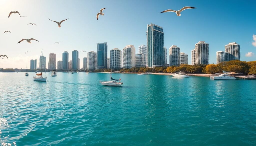 A picturesque panorama of Biscayne Bay, the turquoise waters glistening under the warm Miami sun. In the foreground, sailboats and yachts dot the calm bay, their reflections mirrored in the still surface. Further out, the iconic skyscrapers of downtown Miami rise majestically, their sleek, modern architecture contrasting with the lush, verdant mangroves lining the shoreline. Seagulls soar overhead, their cries adding to the serene, coastal ambiance. A wide-angle, high-resolution photograph captured with a sharp, professional-grade lens, showcasing the bay's natural beauty and the vibrant cultural heart of Miami.