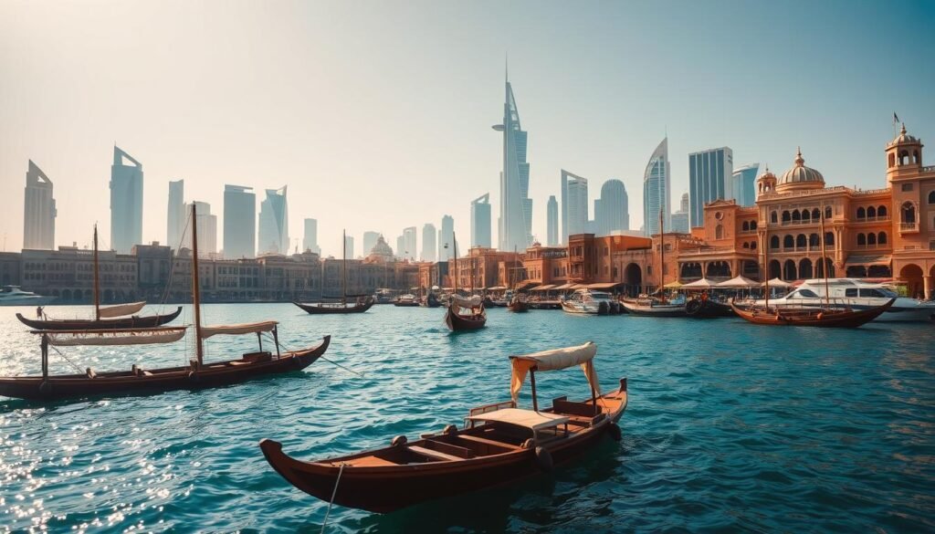 A picturesque scene of Dubai Creek, the historic waterway that has been the lifeblood of Old Dubai for centuries. In the foreground, traditional wooden dhows float gently on the glimmering blue waters, their sails casting soft shadows. The middle ground is dominated by the iconic buildings of Al Fahidi Historical Neighborhood, their wind towers and intricate facades bathed in warm, golden sunlight. In the background, the modern skyscrapers of Downtown Dubai rise majestically, creating a striking contrast between old and new. The overall atmosphere is one of tranquility and timelessness, inviting the viewer to step back in time and immerse themselves in the rich cultural heritage of this enchanting city.