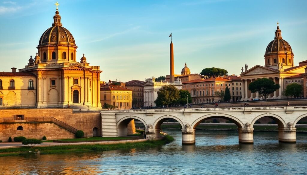 A picturesque view of Rome's iconic landmarks along the Tiber River. In the foreground, the imposing Castel Sant'Angelo rises majestically, its weathered stone walls and ornate dome catching the warm evening light. In the middle ground, the graceful arches of the Ponte Sant'Angelo bridge lead the eye towards the historic Piazza Navona, its central fountain and surrounding baroque buildings bathed in a soft, golden glow. In the background, the ancient Pantheon stands tall, its well-preserved facade a testament to the city's enduring architectural heritage. The scene is infused with a sense of timeless elegance, inviting the viewer to step into the timeless charm of Rome's most celebrated landmarks.