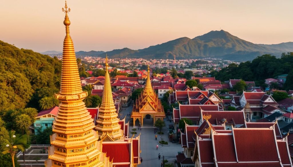 A serene aerial view of the ancient temples of Chiang Mai, Thailand. In the foreground, the iconic golden spires of Wat Phra That Doi Suthep stand tall, their intricate carvings and roofs glimmering under the warm afternoon sun. The middle ground reveals the winding streets and traditional architecture of the Old City, with its terracotta-tiled roofs and ornate gateways. In the distance, the lush, verdant slopes of Doi Suthep mountain provide a picturesque backdrop, creating a harmonious blend of natural and man-made wonders. The scene exudes a sense of timeless tranquility, capturing the essence of Chiang Mai's spiritual and cultural heritage.