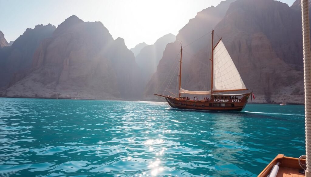 A serene dhow boat glides across the turquoise waters of the Musandam fjords, its wooden hull and billowing white sails casting reflections on the calm surface. Dramatic, rust-colored cliffs rise steeply from the shoreline, their jagged peaks framing the scene. Sunlight dances across the undulating waves, creating a shimmering, almost magical atmosphere. In the foreground, passengers relax on the dhow's deck, taking in the breathtaking natural beauty that surrounds them. The overall mood is one of tranquility, adventure, and awe-inspiring landscapes.