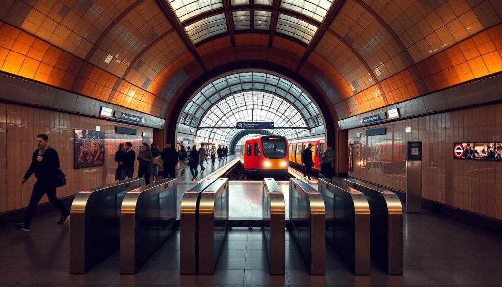 A sleek, modern London Underground tube station with a grand, arched entryway illuminated by warm, golden lighting. The platform is bustling with commuters hurrying through the tiled and glass-walled concourse, their reflections rippling along the polished floor. Elegant steel and glass turnstiles lead to the tracks, where a bright red, streamlined train waits to depart, its headlights shining. Overhead, a curved glass ceiling filters natural light, casting a soft, diffused glow across the scene. The station's architecture blends classic British design with contemporary elements, creating a seamless, efficient transport hub that embodies the efficient, cosmopolitan spirit of the city.