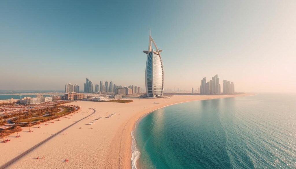 A stunning aerial view of Jumeirah Beach in Dubai, capturing the iconic skyline and the pristine, golden sand that stretches as far as the eye can see. In the foreground, sun-seekers lounge on the beach, enjoying the warm, gentle breeze and the glistening turquoise waters of the Arabian Gulf. The middle ground features the majestic Burj Al Arab, its sail-shaped silhouette standing tall against the backdrop of the city's modern skyscrapers. Soft, natural lighting bathes the scene, creating a serene and inviting atmosphere, perfect for a luxurious day by the sea. The image conveys the perfect balance of Dubai's urban sophistication and its natural coastal beauty.