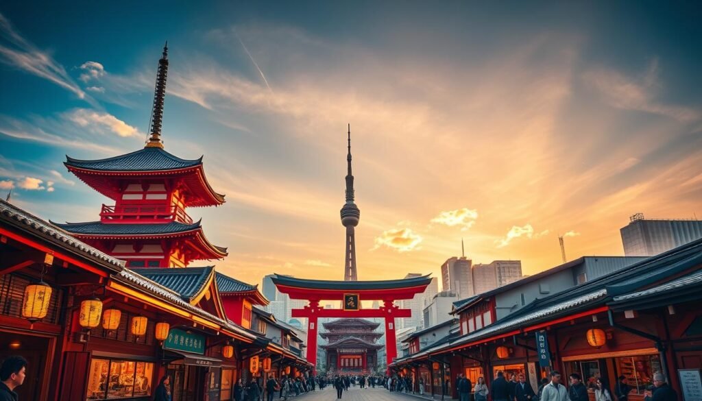A stunning panoramic view of Asakusa's iconic Sensoji Temple, its vibrant red pagoda standing tall against the backdrop of Tokyo's modern skyline. In the foreground, traditional Japanese shops and lanterns line the bustling Nakamise-dori, their warm glow casting a serene ambiance. The middle ground features the temple's impressive Kaminarimon gate, its grand architecture framing the distant Tokyo Skytree, whose sleek, futuristic silhouette pierces the sky. Warm, golden sunlight filters through wispy clouds, illuminating the scene with a soft, reverent atmosphere. A wide-angle lens captures the harmonious blend of ancient and contemporary, inviting the viewer to immerse themselves in the juxtaposition of Asakusa's timeless traditions and Tokyo's dynamic modernity.