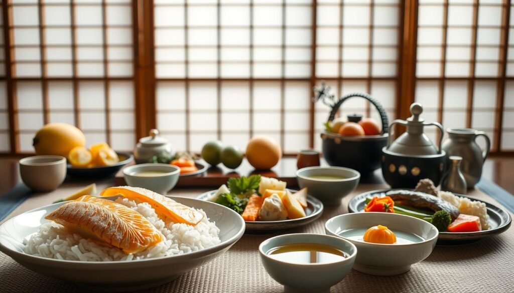 A sumptuous assortment of traditional Japanese breakfast fare set against a serene, minimalist backdrop. In the foreground, artfully arranged dishes featuring fluffy steamed rice, tender grilled fish, pickled vegetables, and a delicate miso soup. The middle ground showcases an array of seasonal fruits, a fragrant matcha green tea, and an elegant ceramic tea set. The background is bathed in soft, natural lighting filtering through shoji screens, evoking a sense of tranquility and timeless elegance. Captured with a medium-format film camera, the image conveys the perfect balance of simplicity and refinement that embodies the essence of Tokyo's dining experience. A sumptuous assortment of traditional Japanese breakfast fare set against a serene, minimalist backdrop. In the foreground, artfully arranged dishes featuring fluffy steamed rice, tender grilled fish, pickled vegetables, and a delicate miso soup. The middle ground showcases an array of seasonal fruits, a fragrant matcha green tea, and an elegant ceramic tea set. The background is bathed in soft, natural lighting filtering through shoji screens, evoking a sense of tranquility and timeless elegance. Captured with a medium-format film camera, the image conveys the perfect balance of simplicity and refinement that embodies the essence of Tokyo's dining experience.