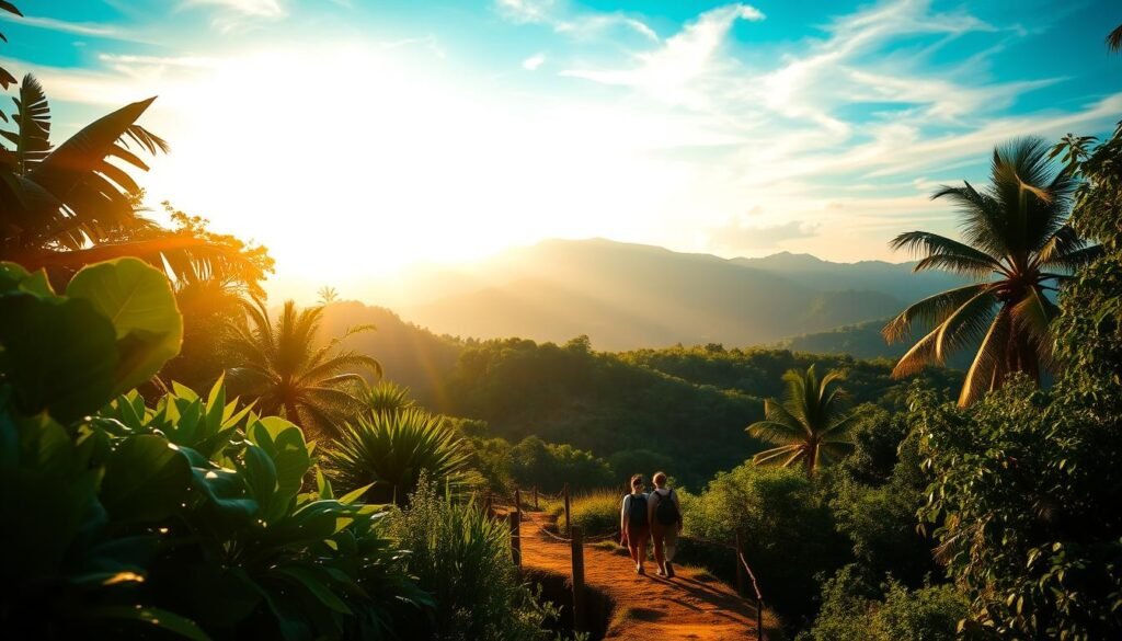 A sun-dappled tropical landscape, with lush, verdant foliage in the foreground and a distant mountain range bathed in a warm, golden glow. In the middle ground, a group of travelers stroll along a winding path, taking in the serene beauty of the surroundings. The sky is a brilliant azure, with wispy clouds drifting overhead, casting gentle shadows across the scene. The overall mood is one of tranquility and adventure, inviting the viewer to imagine the vibrant cultural experiences and natural wonders that await in Thailand during the ideal time of year.
