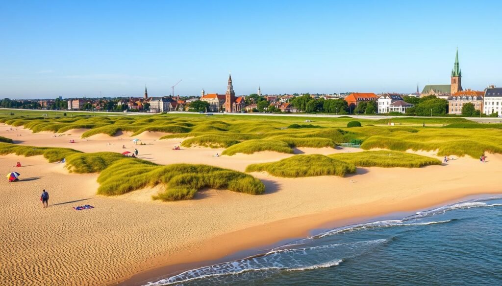 A sun-drenched beach in Haarlem, the Netherlands, on a tranquil summer day. In the foreground, golden sand dotted with colorful beach umbrellas and towels, people relaxing and playing in the gentle waves. A middle ground of lush dunes and grassy knolls, laced with winding pathways. In the background, the iconic red-roofed buildings and church spires of the historic city, framed by a bright, cloudless sky. Soft, warm lighting bathes the scene, creating a sense of serenity and leisure. A wide-angle lens captures the expansive, picturesque vista, showcasing the perfect harmony between the natural and urban elements.