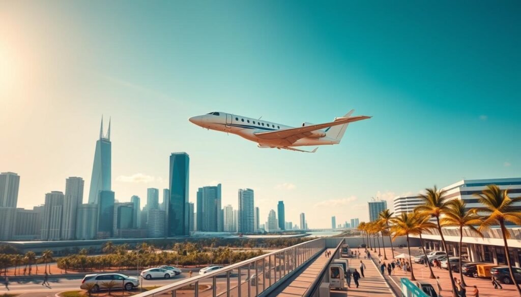 A sun-drenched skyline stretches between the iconic skyscrapers of Chicago and the palm-fringed beaches of Miami. In the foreground, a sleek private jet glides effortlessly through the azure sky, conveying a sense of luxurious, yet accessible, travel. The middle ground features a bustling airport terminal, with passengers hurrying to their gates, their excitement palpable. In the background, a vibrant cityscape blends the architectural marvels of the Windy City with the vibrant, tropical hues of the Magic City, creating a dynamic visual contrast. The scene is bathed in warm, golden light, evoking a feeling of effortless escapism and the promise of a memorable weekend getaway.