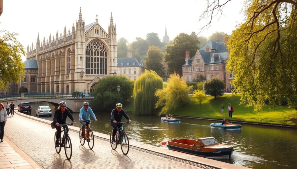 A tranquil day trip to the charming university town of Cambridge, England. In the foreground, a group of cyclists leisurely pedaling along the quaint cobblestone streets, passing by the iconic King's College Chapel with its magnificent Gothic architecture. The middle ground features the River Cam, its placid waters dotted with traditional punting boats gliding gracefully. In the background, the lush, verdant grounds of the university campus, with students strolling amid the centuries-old colleges and libraries. Soft, warm sunlight filters through the trees, creating a serene, timeless atmosphere. The scene evokes a sense of intellectual curiosity, historical significance, and the peaceful charm of an English countryside retreat.