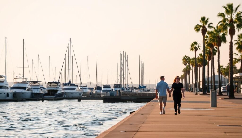 A tranquil morning stroll along the Marina del Rey boardwalk, the gentle waves of the harbor lapping at the shore. In the foreground, a couple leisurely walking hand-in-hand, taking in the serene atmosphere. The middle ground features docked yachts and sailboats gently rocking, their reflections dancing on the calm water. In the background, the iconic palm trees line the promenade, casting soft shadows under the warm, diffused sunlight of an early Los Angeles morning. The scene conveys a sense of relaxation and escape, inviting the viewer to imagine themselves immersed in this picturesque coastal setting.
