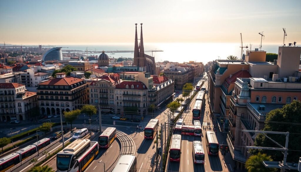 A vibrant cityscape, captured from a high vantage point, showcasing the bustling streets and iconic architecture of Barcelona. In the foreground, a network of modern public transportation options – buses, trams, and the distinctive red and yellow metro cars – weave through the congested avenues. The middle ground features the distinctive rooftops and spires of Gaudí's masterpieces, including the towering Sagrada Familia, while in the background, the Mediterranean sea glistens under a warm, golden afternoon sun. The scene conveys a sense of efficient urban mobility, inviting the viewer to explore Barcelona's diverse neighborhoods with ease.