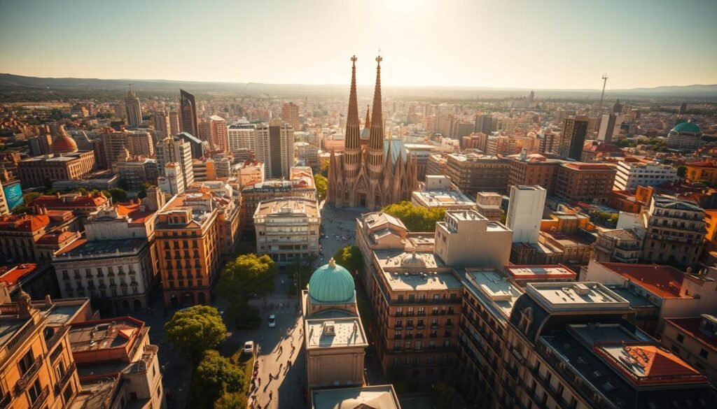 A vibrant cityscape of Barcelona's distinct neighborhoods, captured from a bird's-eye view. In the foreground, the winding streets and charming plazas of the historic Barri Gòtic district. In the middle ground, the sleek high-rises and bustling commercial hubs of the Eixample area. And in the background, the iconic silhouette of the Sagrada Familia cathedral, its intricate spires reaching towards the sun-dappled sky. The scene is bathed in warm, golden light, conveying the lively, cosmopolitan atmosphere of this beloved Spanish city. A cinematic, wide-angle composition that showcases the diverse areas and architectural landmarks that make Barcelona such a captivating destination.