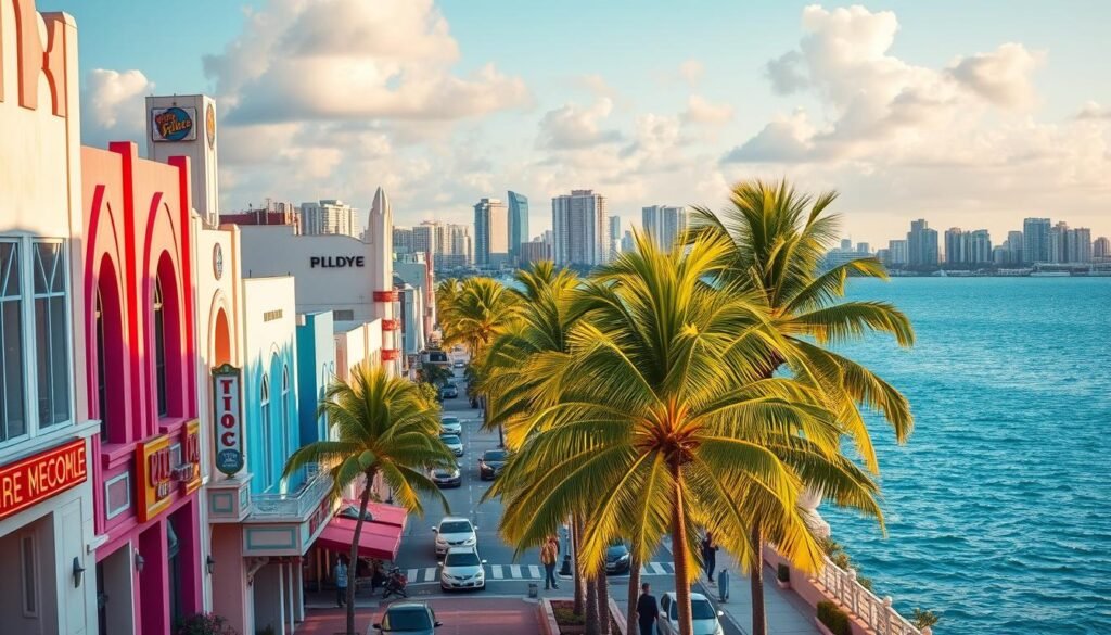 A vibrant cityscape showcasing the iconic art deco architecture of Miami's Historic District. In the foreground, pastel-colored buildings with geometric facades and neon-lit signs line the bustling sidewalks. Mid-ground features lush palm trees swaying in the warm ocean breeze, complementing the art deco aesthetic. The background captures the sparkling blue waters of Biscayne Bay, with the city skyline rising in the distance, illuminated by the golden glow of the afternoon sun. The scene exudes a sense of retro-futuristic glamour, blending Miami's rich design heritage with a modern, vibrant energy.