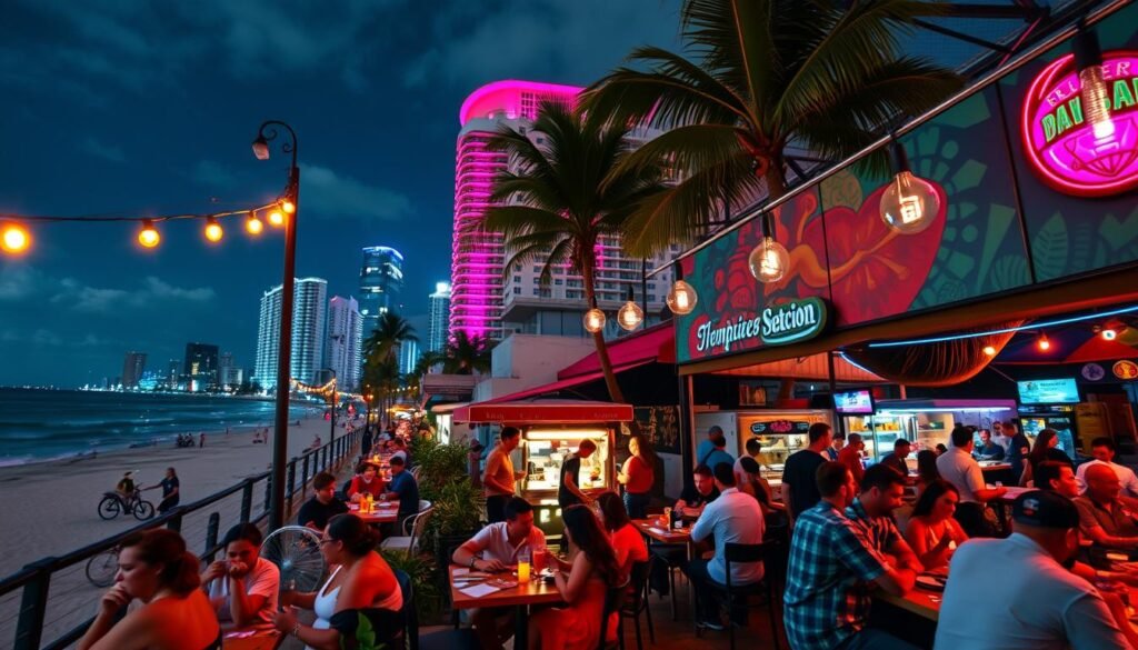 A vibrant scene of Miami's culinary landscape. In the foreground, a bustling outdoor café along Miami Beach's iconic oceanfront promenade, patrons savoring fresh seafood and tropical cocktails under the warm glow of string lights. In the middle ground, a bustling food hall in Wynwood, a palette of colorful murals framing an array of global cuisine from food trucks and indie eateries. In the background, the glittering skyline of downtown Miami, the city's modern architecture and neon-lit nightlife creating an electrifying atmosphere. Soft, diffused lighting, a cinematic wide-angle lens capturing the energy and diversity of Miami's dynamic dining scene.