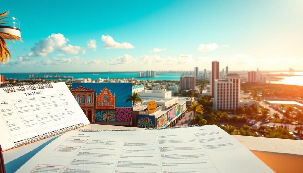 A vibrant, sun-drenched travel itinerary for a week in Miami, showcasing its iconic mix of sunshine, culture, and nightlife. In the foreground, a sleek, modern calendar lays open, highlighting daily events and activities. In the middle ground, a collage of Miami's architectural landmarks - the colorful Art Deco buildings, the trendy Wynwood Walls, and the bustling streets of South Beach. In the background, a panoramic view of the city skyline, with the turquoise waters of Biscayne Bay shimmering in the distance. The lighting is warm and golden, capturing the Miami aesthetic, while the composition is clean and balanced, guiding the viewer's eye through the various elements of the itinerary.