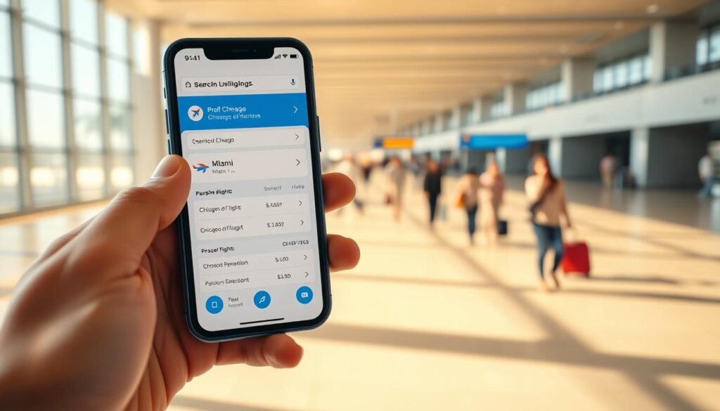 A well-lit, high-resolution image of a smartphone displaying a flight booking website. The phone is held in the foreground, its screen showing a search for flights from Chicago to Miami. The middle ground features an airport terminal in the background, with travelers navigating through the busy concourse. The lighting is natural, with warm tones reflecting the sunny atmosphere. The composition is balanced, with the phone taking up the majority of the frame, subtly directing the viewer's attention to the flight booking process.