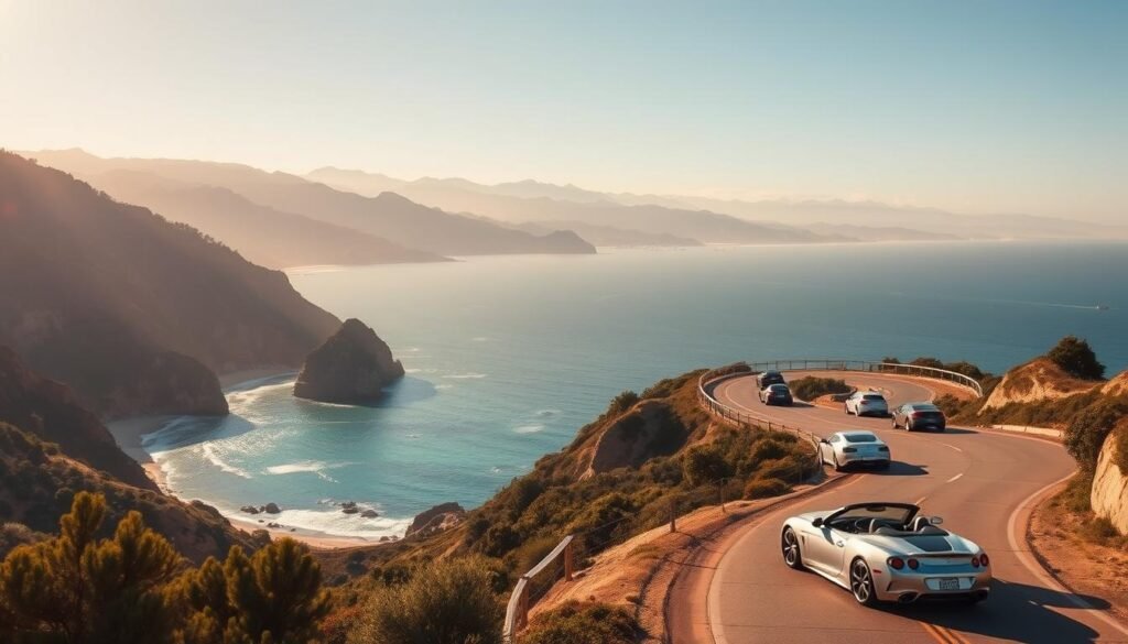 A winding stretch of the iconic Pacific Coast Highway hugs the rugged California coastline, framed by towering cliffs and lush, verdant foliage. The sun casts a warm, golden glow over the scene, illuminating the turquoise waters of the Pacific Ocean and the picturesque coves and beaches dotting the shoreline. In the distance, the iconic silhouettes of the Santa Monica Mountains rise majestically, creating a breathtaking backdrop. The road itself is lined with sleek, modern sports cars and vintage convertibles, their drivers and passengers taking in the stunning coastal vistas. The overall atmosphere is one of tranquility, adventure, and the pure, untamed beauty of the California landscape.