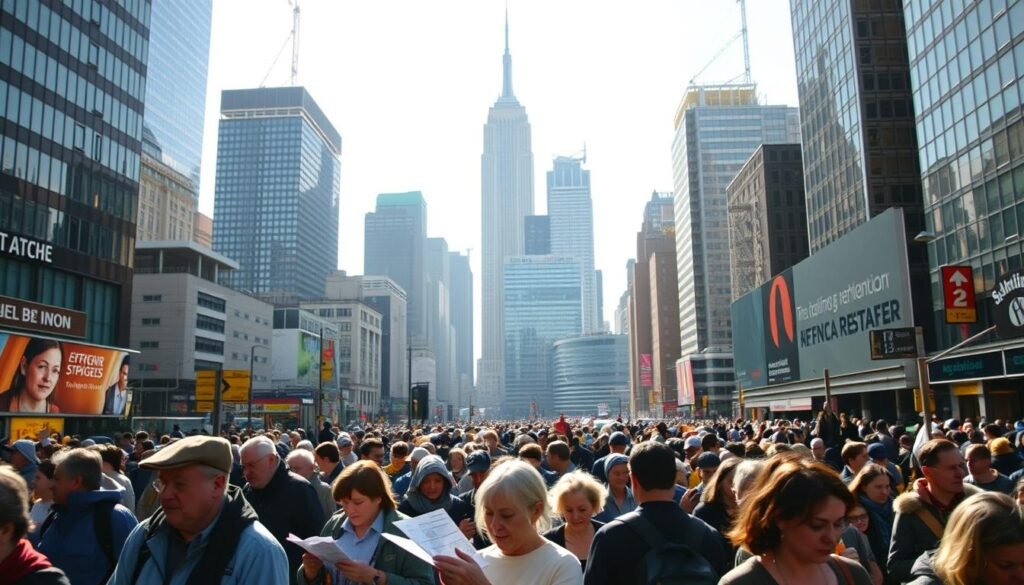 Bustling cityscape of New York City, with towering skyscrapers and iconic landmarks like the Empire State Building in the background. In the foreground, a crowd of people navigating the busy streets, checking maps and schedules, representing the essential planning needed for an optimal NYC experience. The lighting is a mix of warm sunlight and cool shadows, creating a dynamic, vibrant atmosphere. The composition emphasizes the scale and density of the city, capturing the essence of maneuvering through the urban landscape with purpose and efficiency.