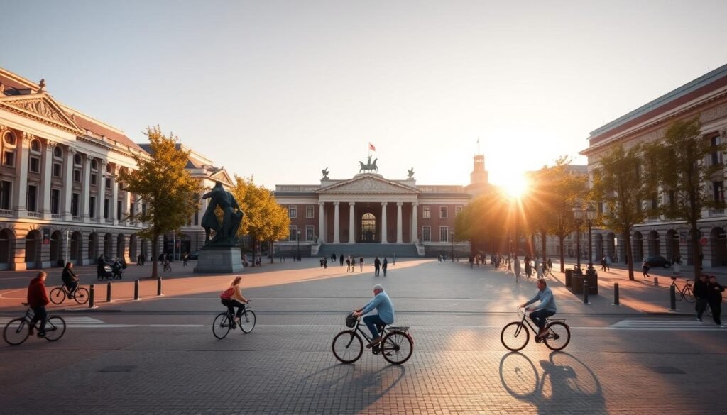 Museumplein in the morning, a tranquil Amsterdam scene. A wide, sun-dappled plaza surrounded by stately museums, their neoclassical facades aglow. Cyclists leisurely weave through the square, casting long shadows. In the center, the iconic Rijksmuseum stands tall, its grand entrance inviting visitors to discover the city's artistic treasures. Across the way, the Van Gogh Museum and Stedelijk Museum bookend the scene, their modern architecture providing a striking contrast. The air is crisp and clean, with a gentle breeze rustling the trees lining the periphery. Pedestrians stroll along the cobblestoned paths, appreciating the calm before the daily bustle. This serene morning setting captures the essence of Amsterdam's vibrant cultural heart.