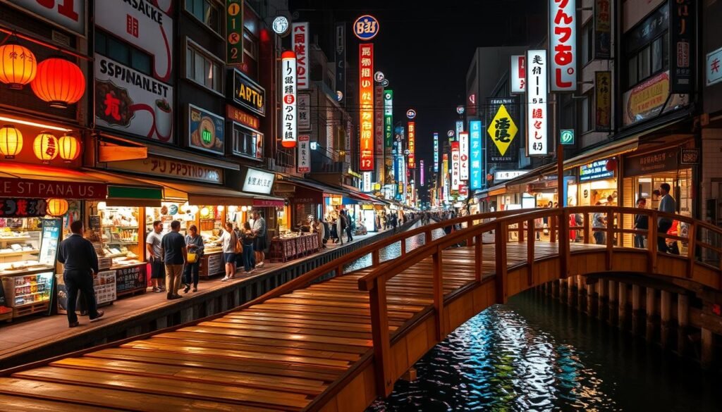 Osaka day markets neon canal spot: Vibrant stalls and vendors line the banks of a glimmering, neon-lit waterway, creating a lively urban scene. Lanterns and signage cast a warm glow, illuminating the bustling crowds as they browse an array of local wares and street food. In the foreground, a wooden footbridge arches gracefully over the tranquil canal, offering a striking contrast between the serene waters and the energetic atmosphere. The overall composition captures the unique blend of modernity and tradition that defines Osaka's iconic day markets, inviting the viewer to immerse themselves in the sights, sounds, and flavors of this dynamic Japanese city.